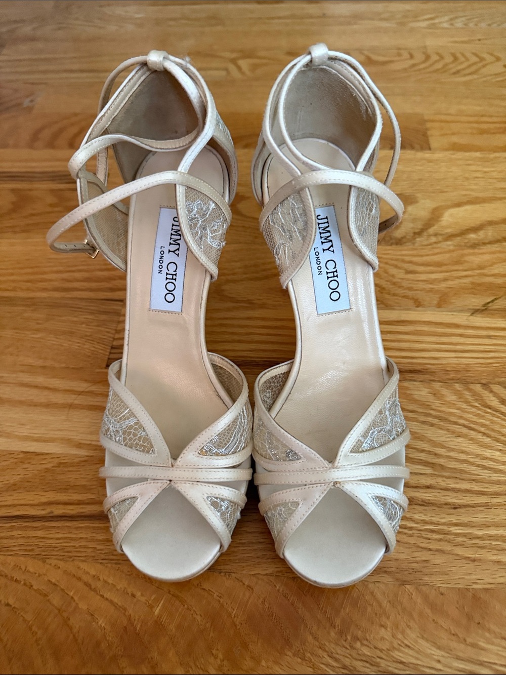 Jimmy Choo Ivory Lace Open-Toe Strappy Heels